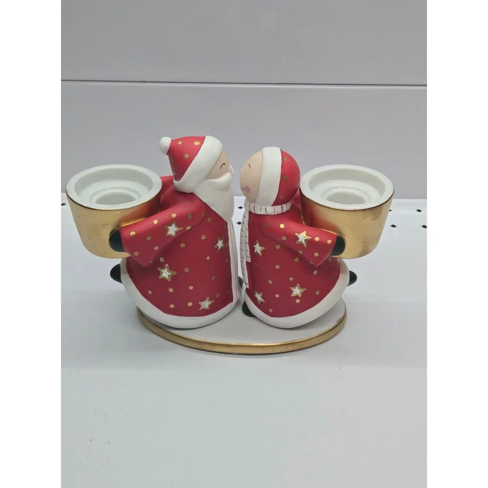 PartyLite Christmas Santa Couple Tealight Holder Ceramic Red Gold Holiday